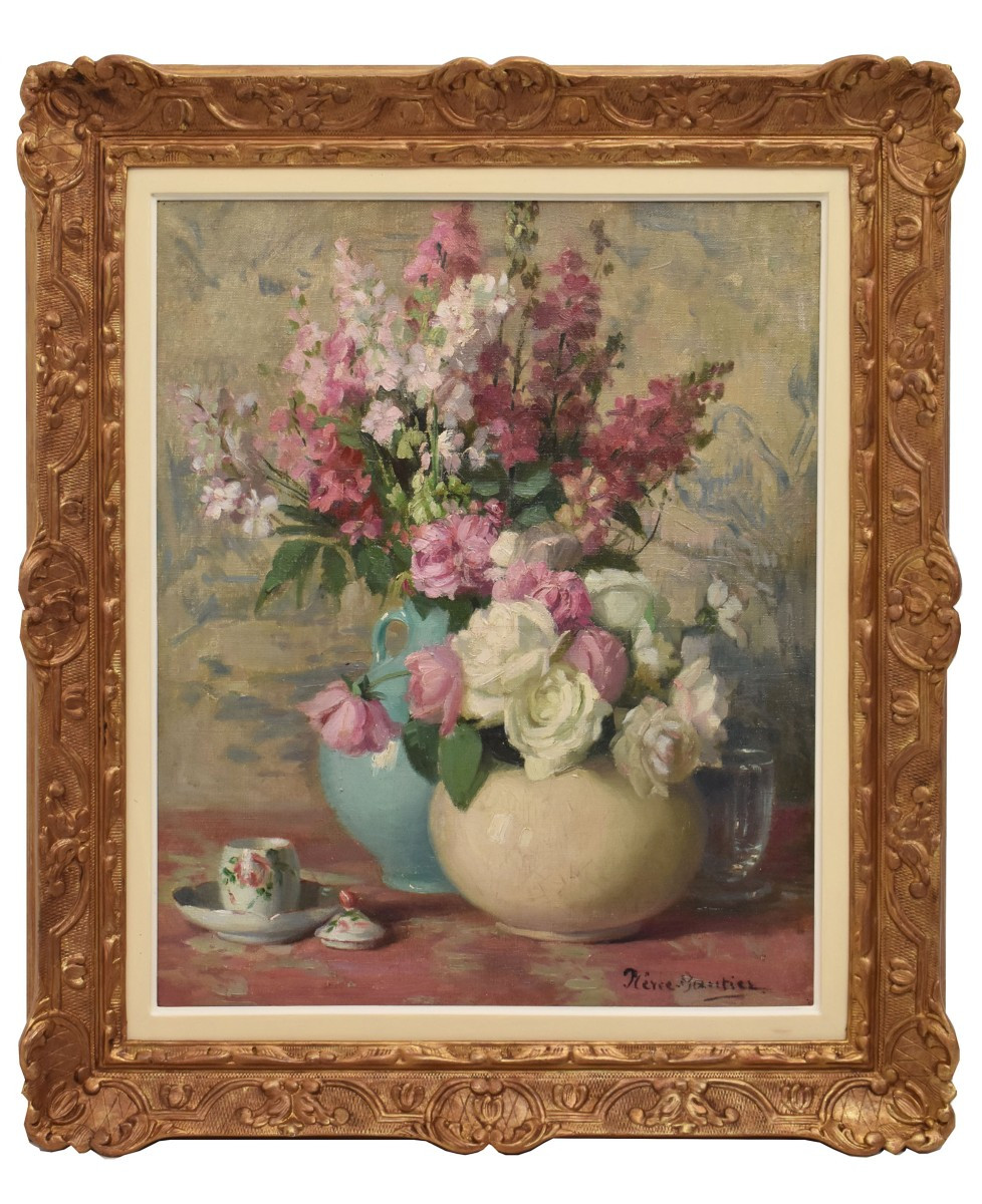 Tableau Ancien Fleurs, Jane Nérée-Gautier, Art Nouveau, Roses, XXè Siècle. (QF699)