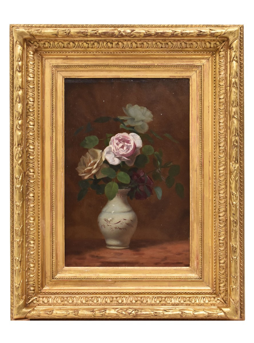 Tableaux Anciens Fleurs, Jules Contencin, Peinture Fleurs, Roses, XIXè Siècle. (QF704)