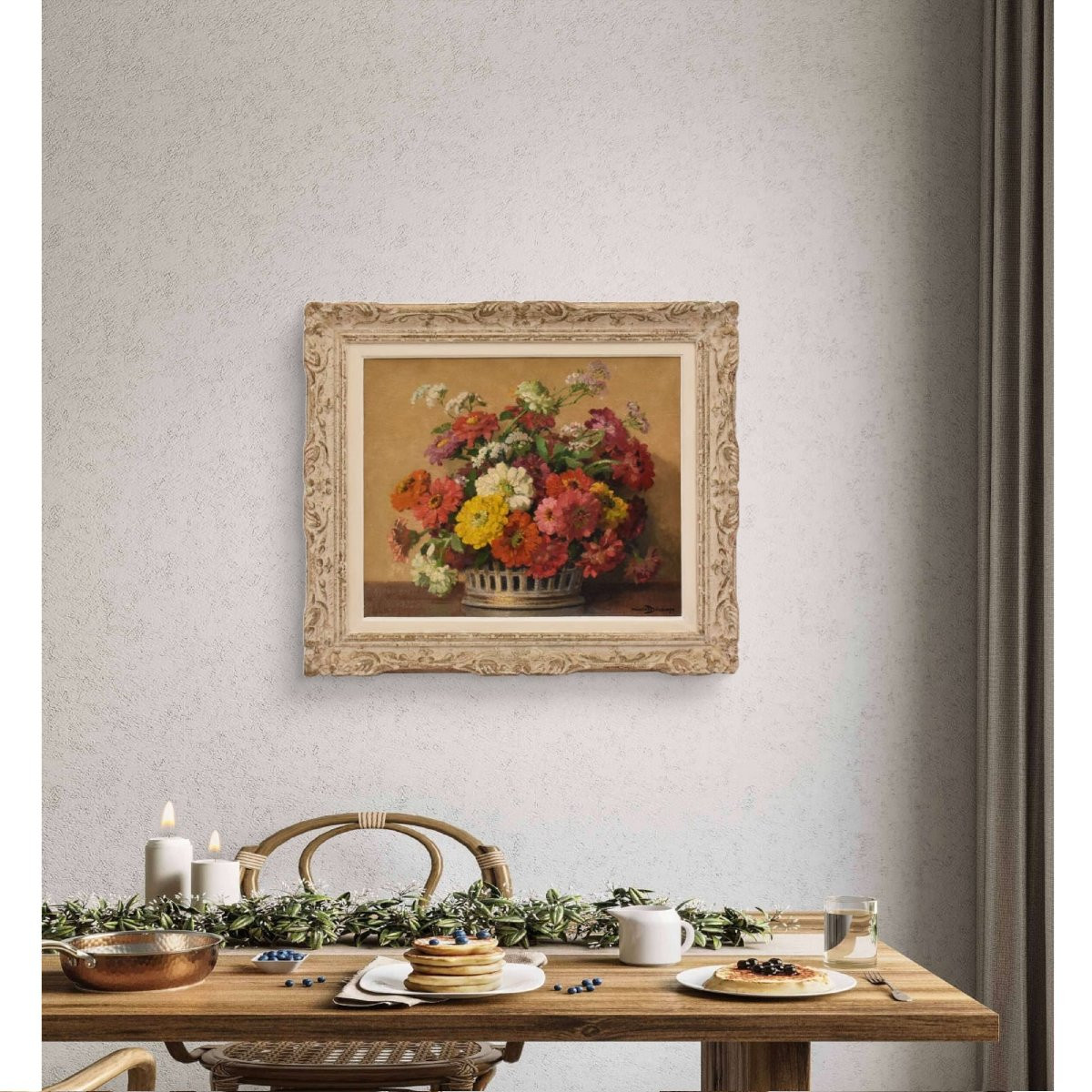 Art Deco Still Life Painting, Flowers Vase Painting, Zinnias And Gerberas,  Canvas, (qf700)-photo-2