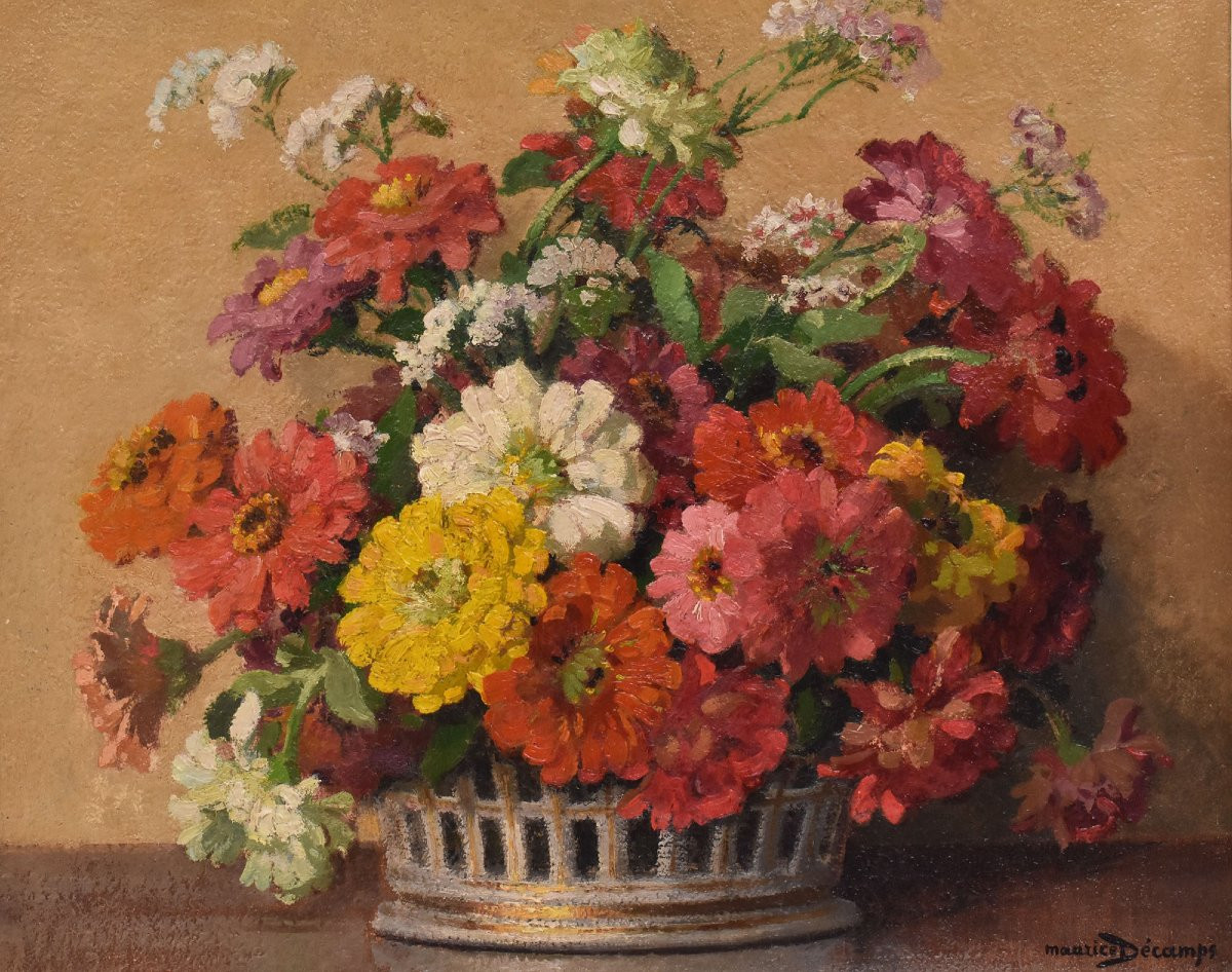 Art Deco Still Life Painting, Flowers Vase Painting, Zinnias And Gerberas,  Canvas, (qf700)-photo-3