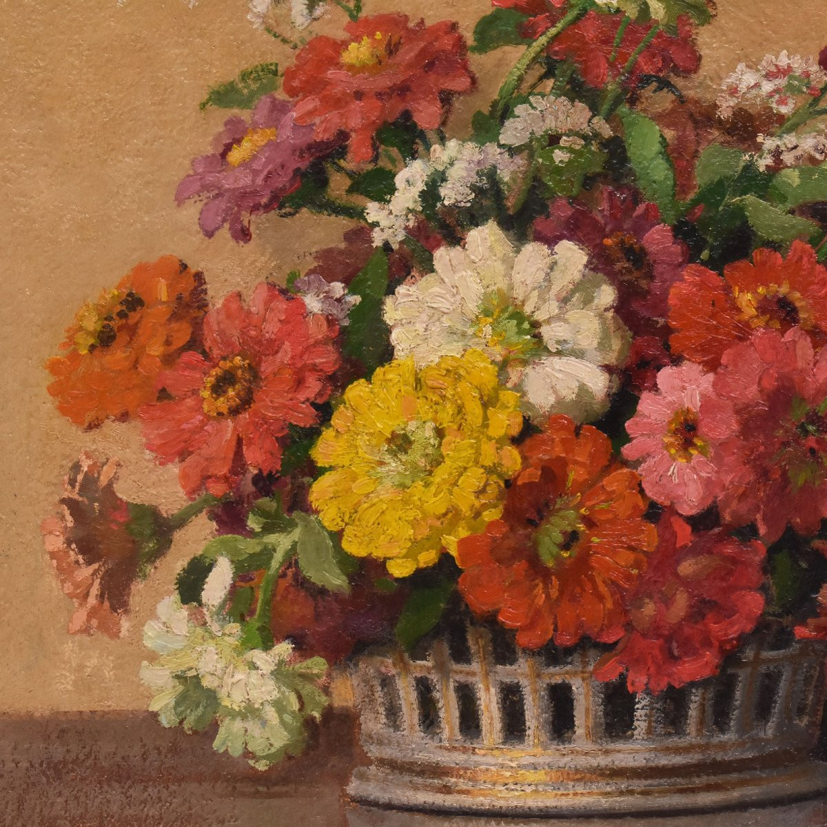 Art Deco Still Life Painting, Flowers Vase Painting, Zinnias And Gerberas,  Canvas, (qf700)-photo-4