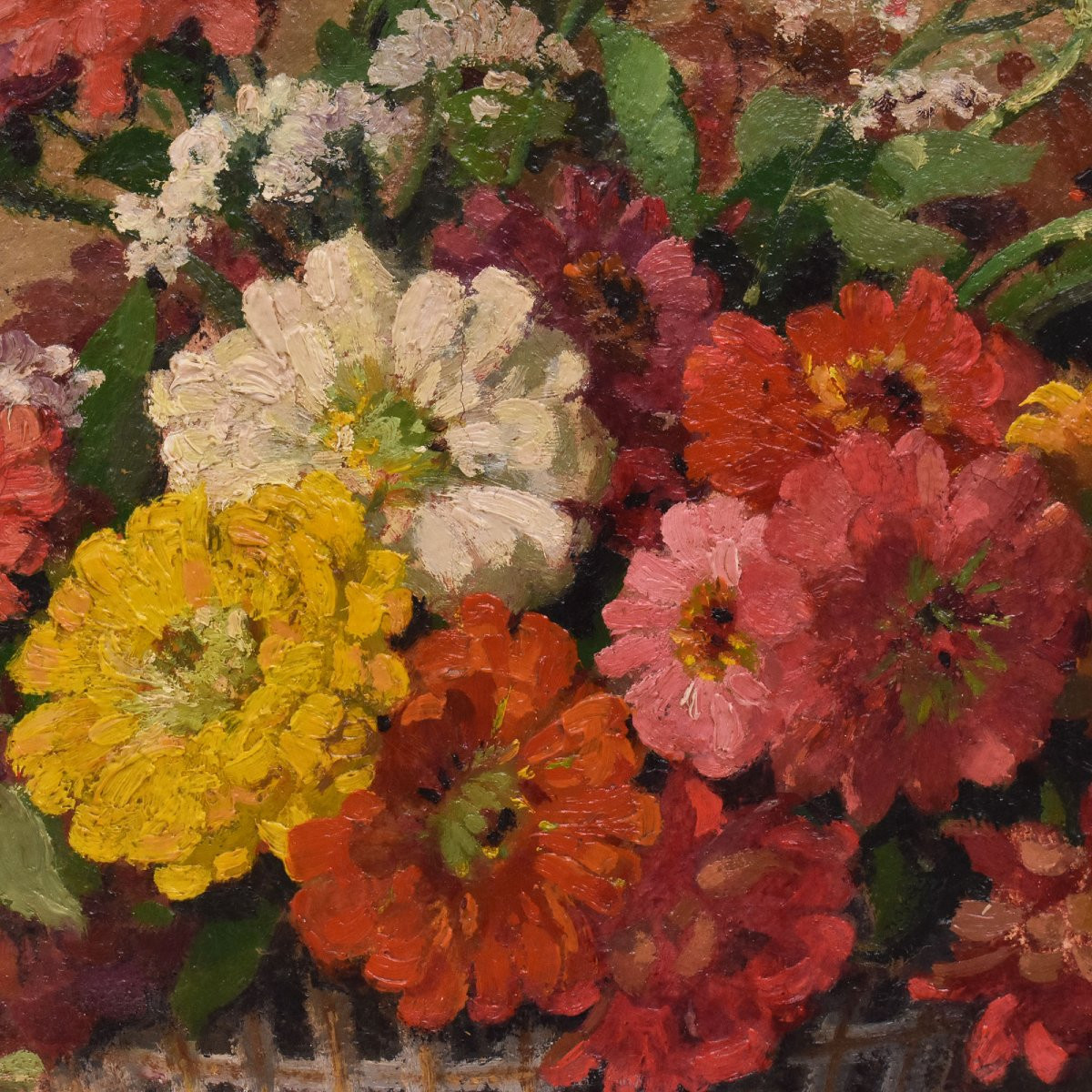 Art Deco Still Life Painting, Flowers Vase Painting, Zinnias And Gerberas,  Canvas, (qf700)-photo-1