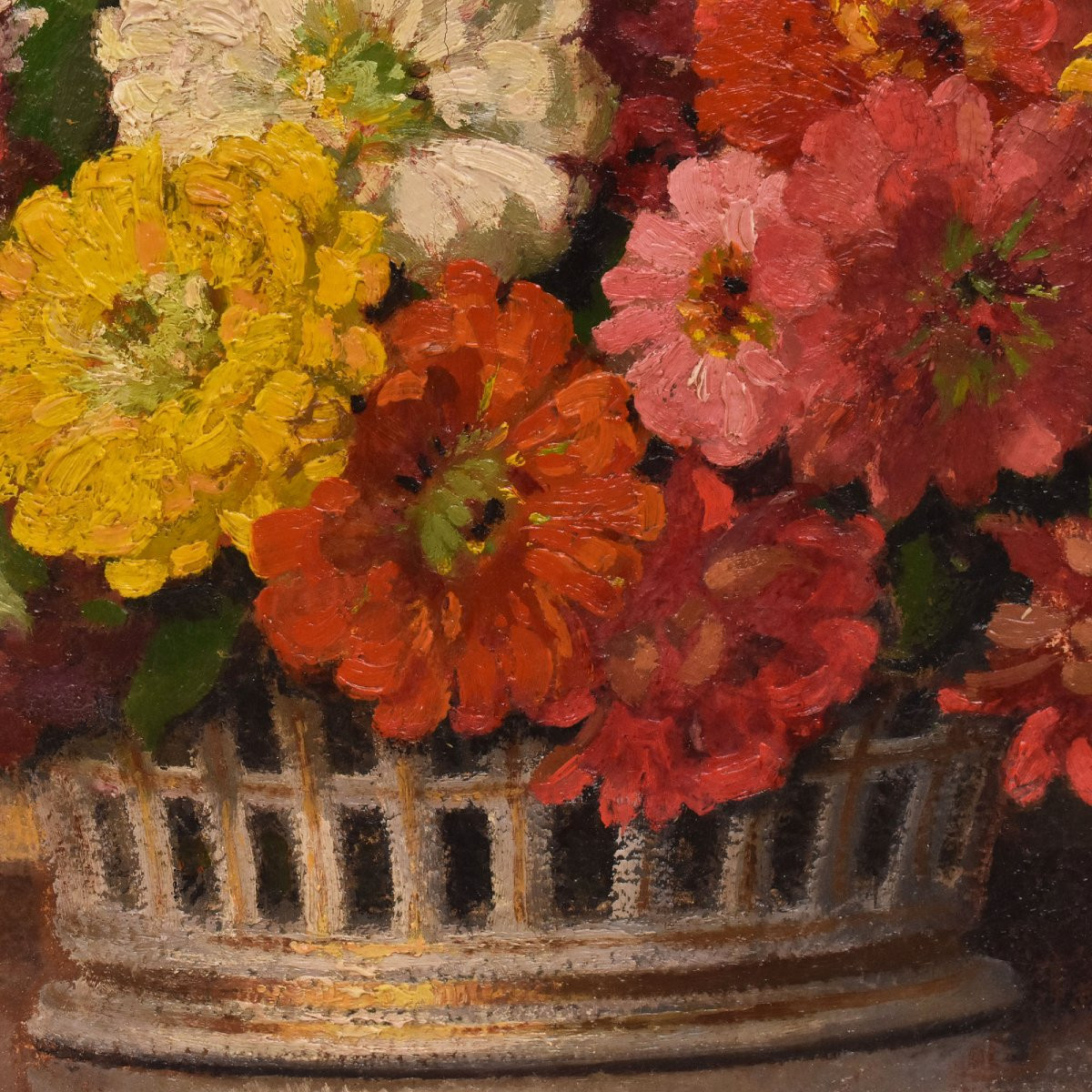 Art Deco Still Life Painting, Flowers Vase Painting, Zinnias And Gerberas,  Canvas, (qf700)-photo-2