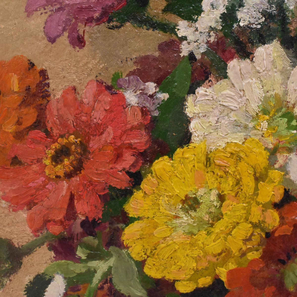 Art Deco Still Life Painting, Flowers Vase Painting, Zinnias And Gerberas,  Canvas, (qf700)-photo-4