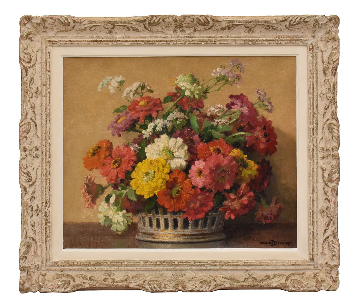 Art Deco Still Life Painting, Flowers Vase Painting, Zinnias And Gerberas,  Canvas, (qf700)