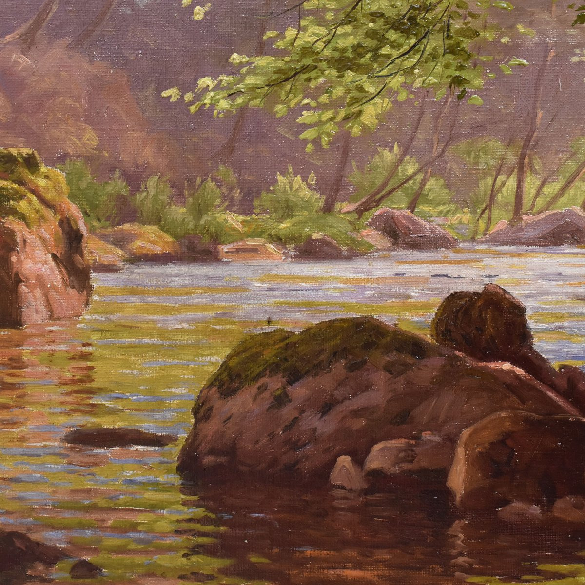 Tableau Ancien Paysages Avec Rivière, Edmond His, Huile Sur Toile, XXème Siècle. (QP703)-photo-3