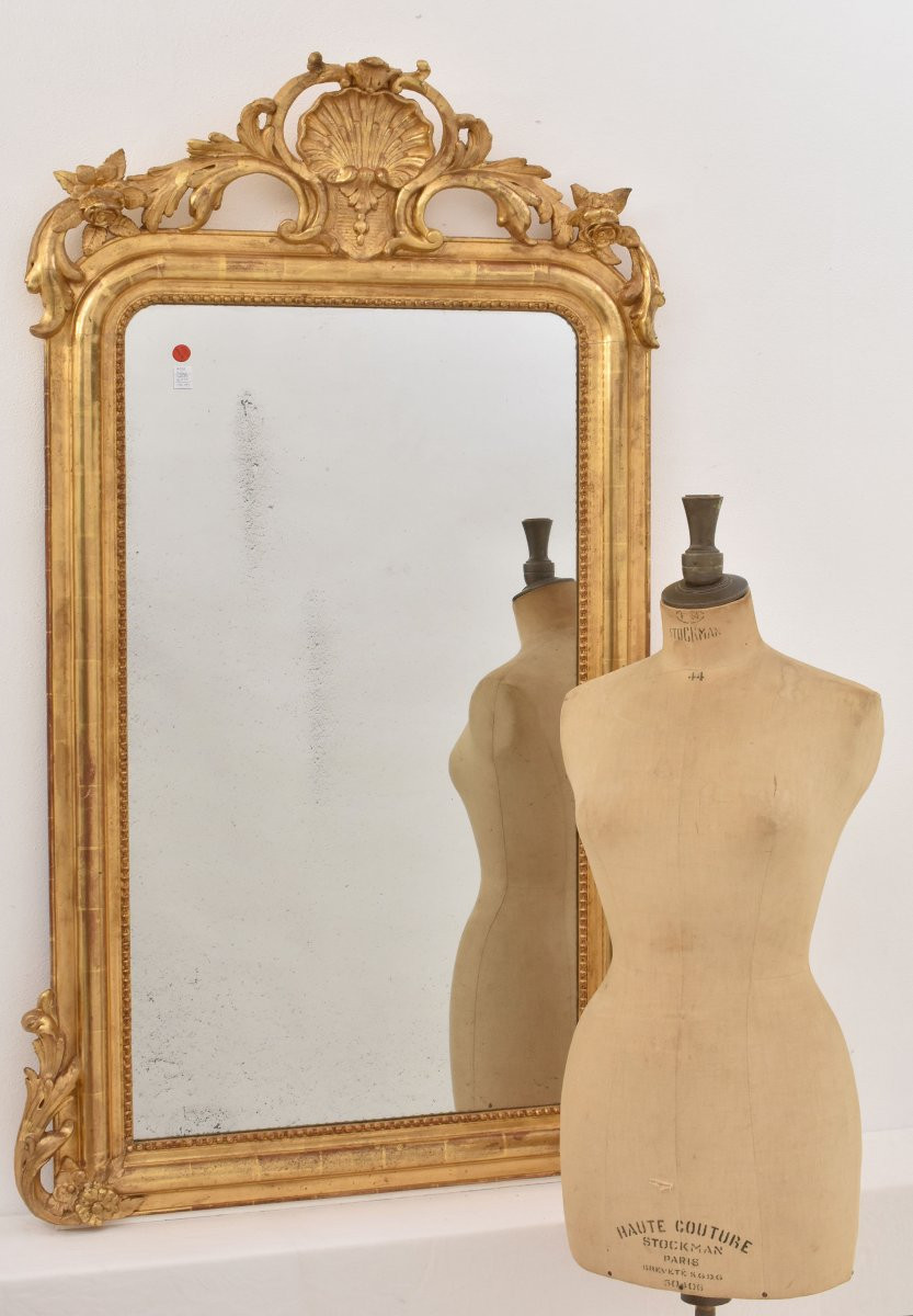 Miroir Louis Philippe Avec Coquille, Miroir Doré Ancien, XIXè Siècle. (SPC195)-photo-3
