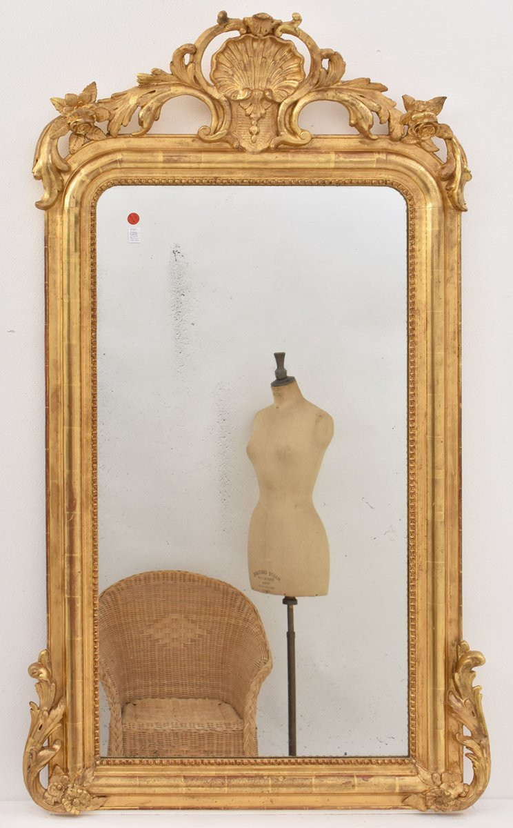 Miroir Louis Philippe Avec Coquille, Miroir Doré Ancien, XIXè Siècle. (SPC195)-photo-4