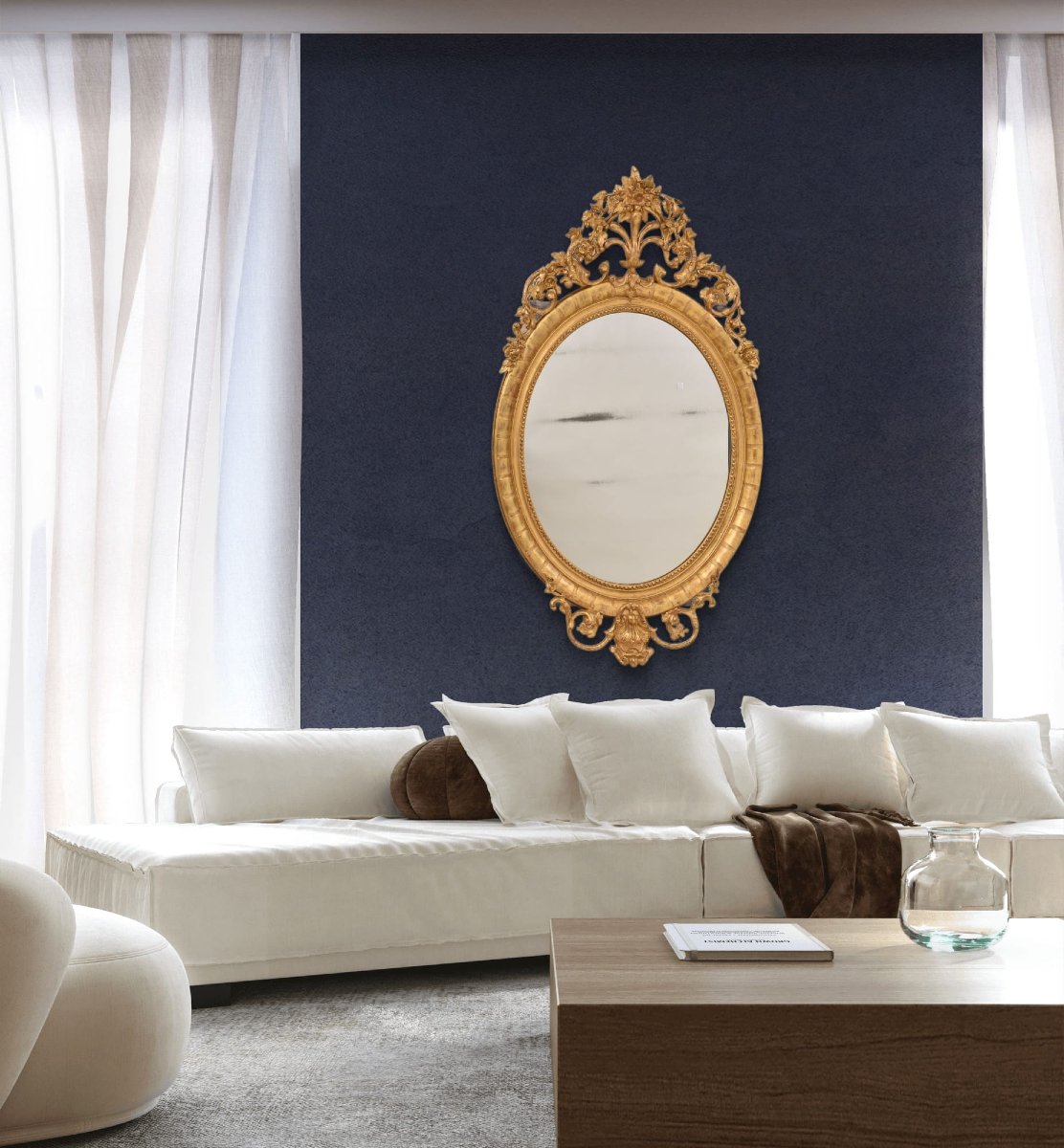 Grand Miroir Oval Ancien, Fleurs Et Volutes, Miroir Doré Ancien, XIXè Siècle. (SPO198)-photo-2