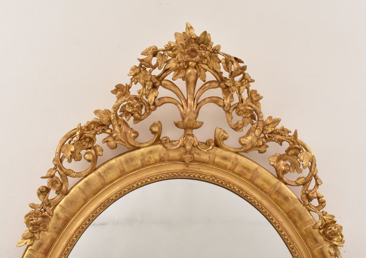 Grand Miroir Oval Ancien, Fleurs Et Volutes, Miroir Doré Ancien, XIXè Siècle. (SPO198)-photo-1