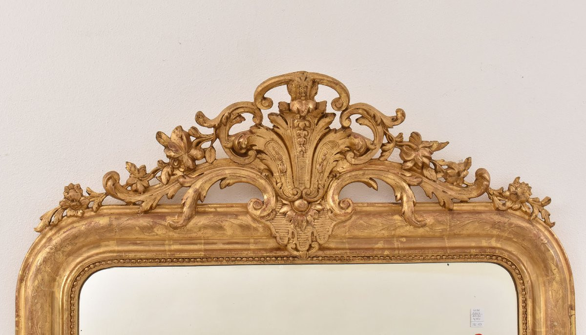 Miroir Louis Philippe Avec Fronton Floral, Miroir Doré Ancien, XIX Siècle. (SPC199)-photo-1
