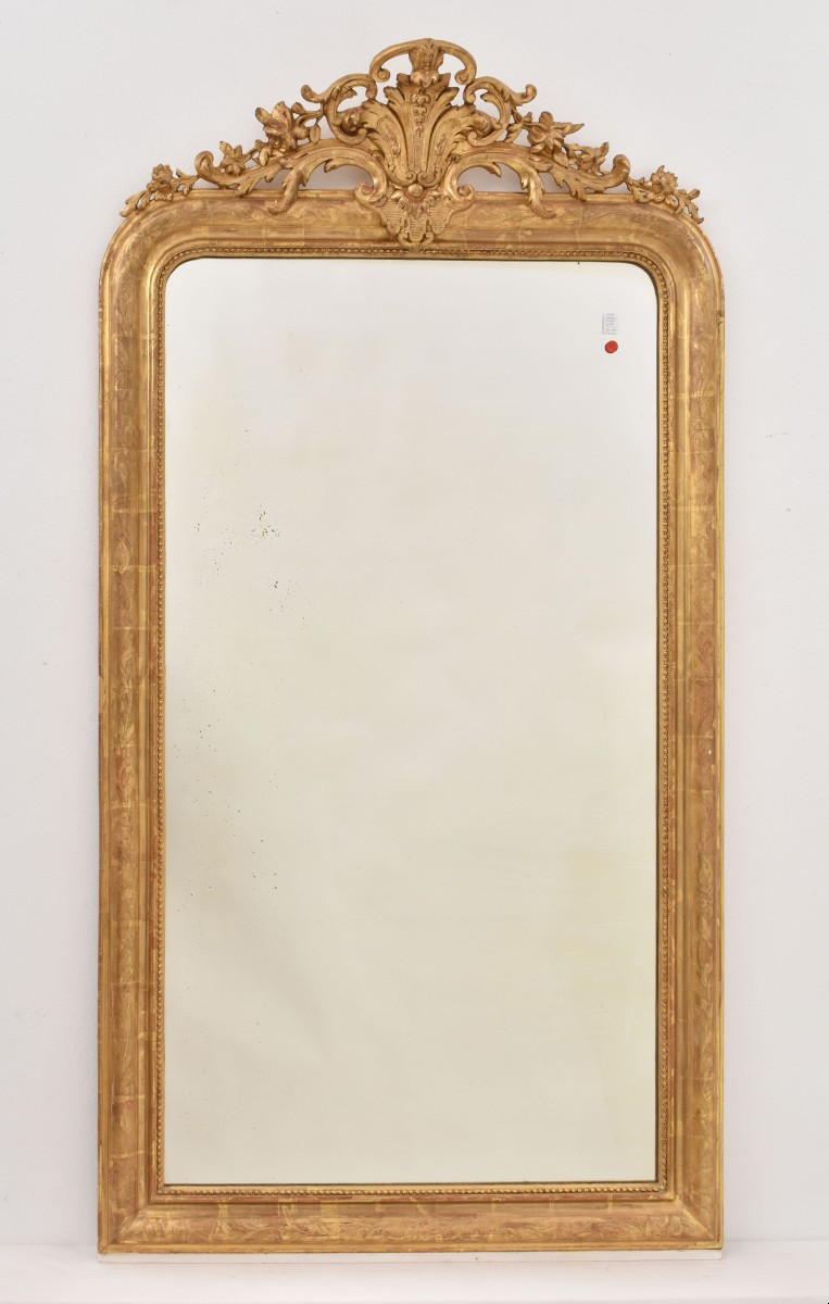 Miroir Louis Philippe Avec Fronton Floral, Miroir Doré Ancien, XIX Siècle. (SPC199)