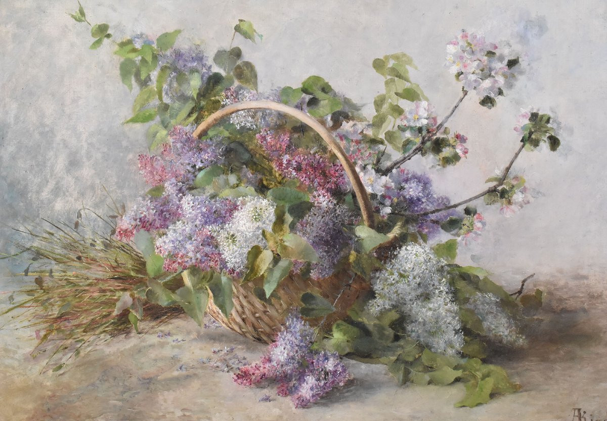 Tableaux Anciens, Auguste Kind, Nature Morte Fleurs De Lilas, Huile Sur Toile, XX. (QF710)-photo-3