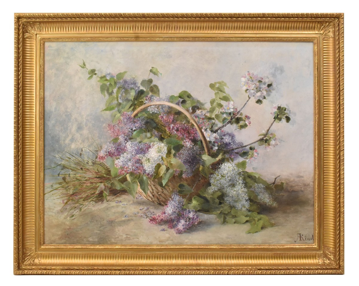 Tableaux Anciens, Auguste Kind, Nature Morte Fleurs De Lilas, Huile Sur Toile, XX. (QF710)