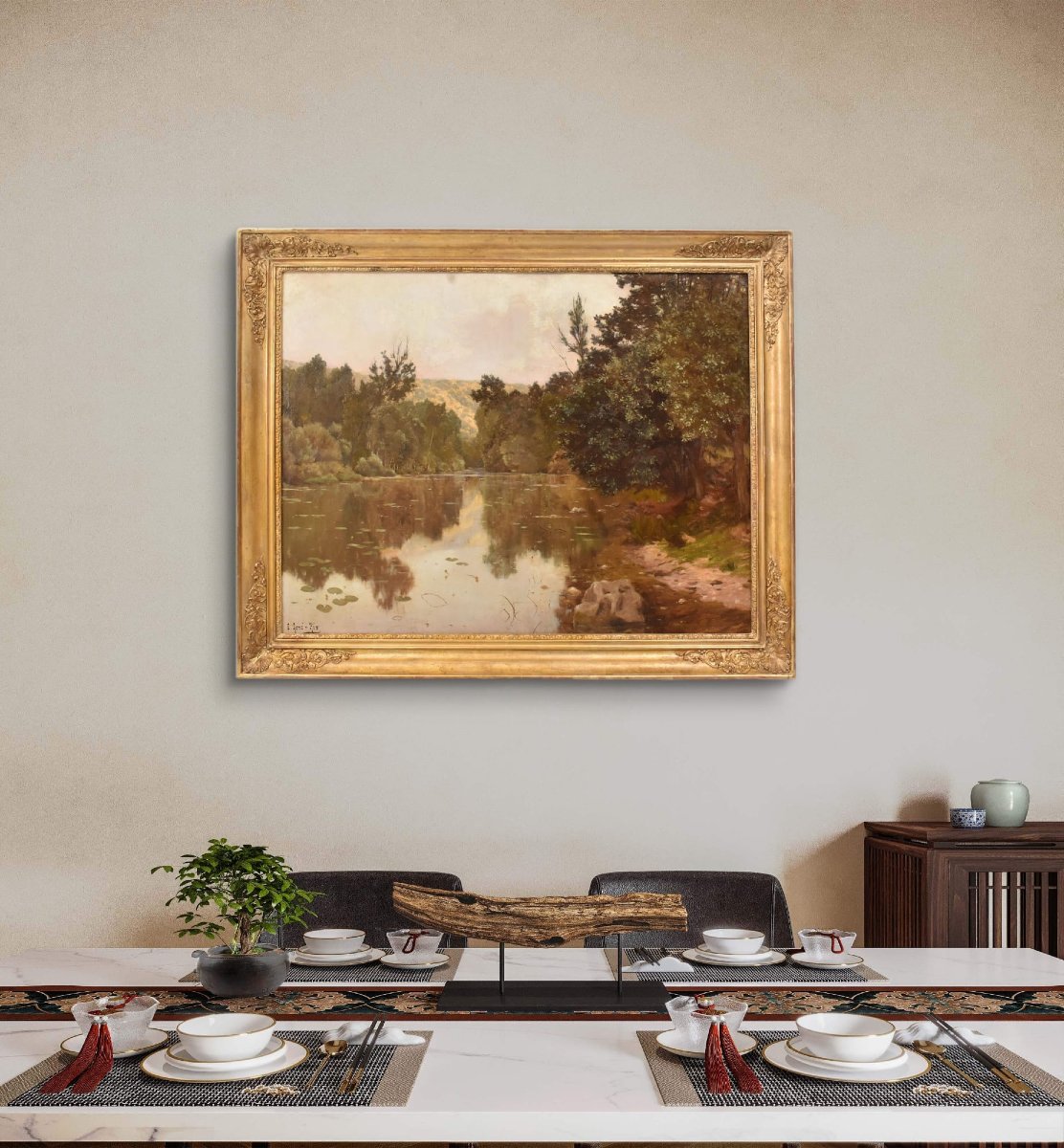 Antique Painting, Edmond His, Landscape With River Painting, XX Century. (qp709)-photo-2