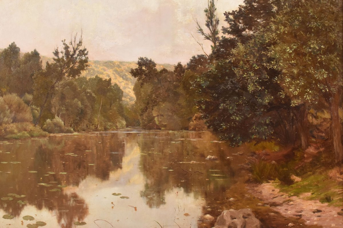 Antique Painting, Edmond His, Landscape With River Painting, XX Century. (qp709)-photo-3