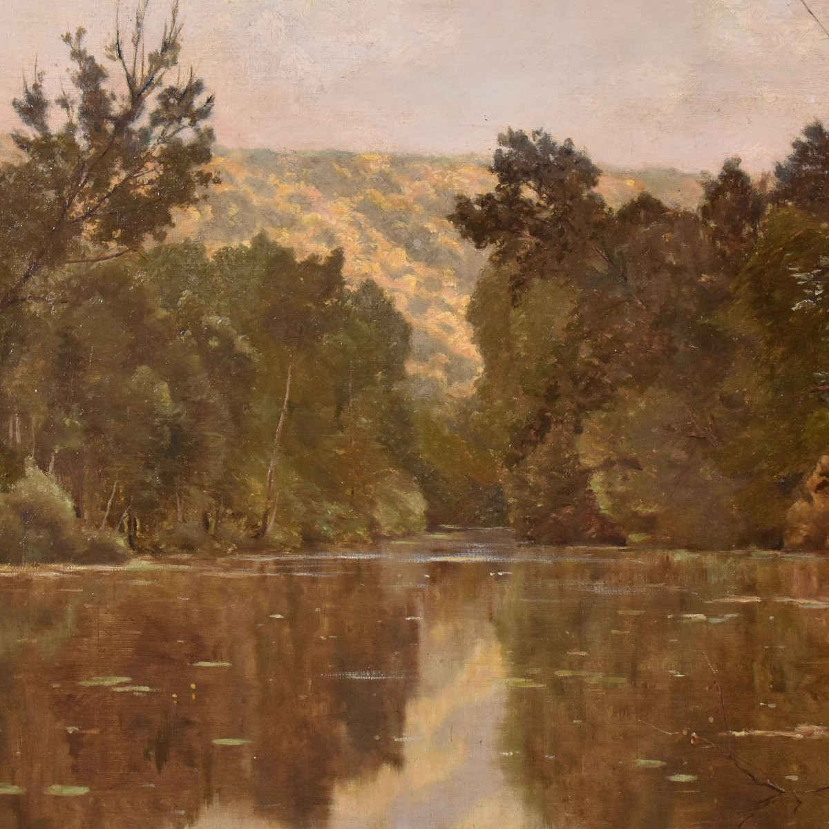 Antique Painting, Edmond His, Landscape With River Painting, XX Century. (qp709)-photo-4