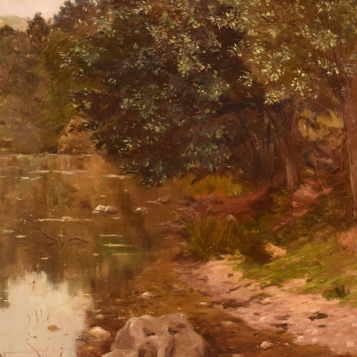 Antique Painting, Edmond His, Landscape With River Painting, XX Century. (qp709)-photo-1