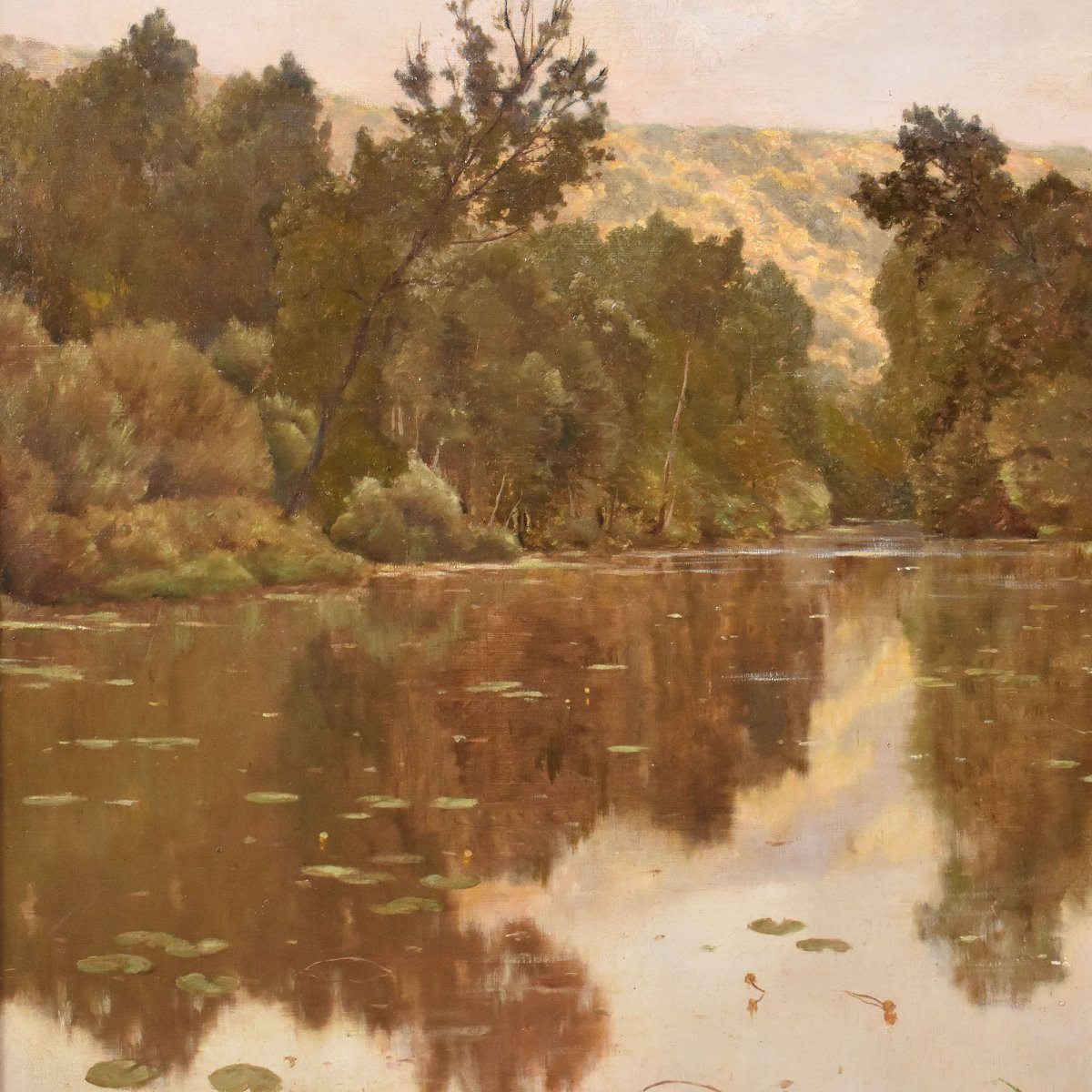 Antique Painting, Edmond His, Landscape With River Painting, XX Century. (qp709)-photo-2