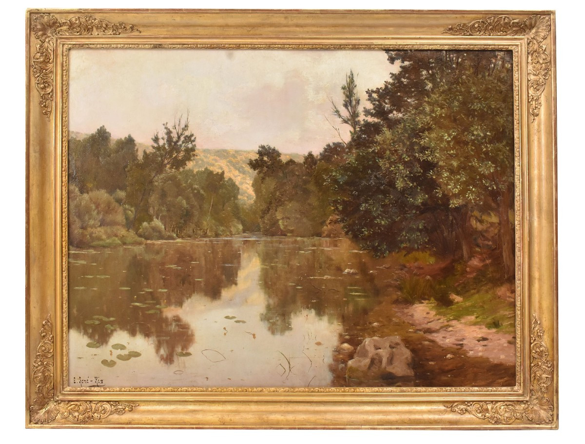 Antique Painting, Edmond His, Landscape With River Painting, XX Century. (qp709)
