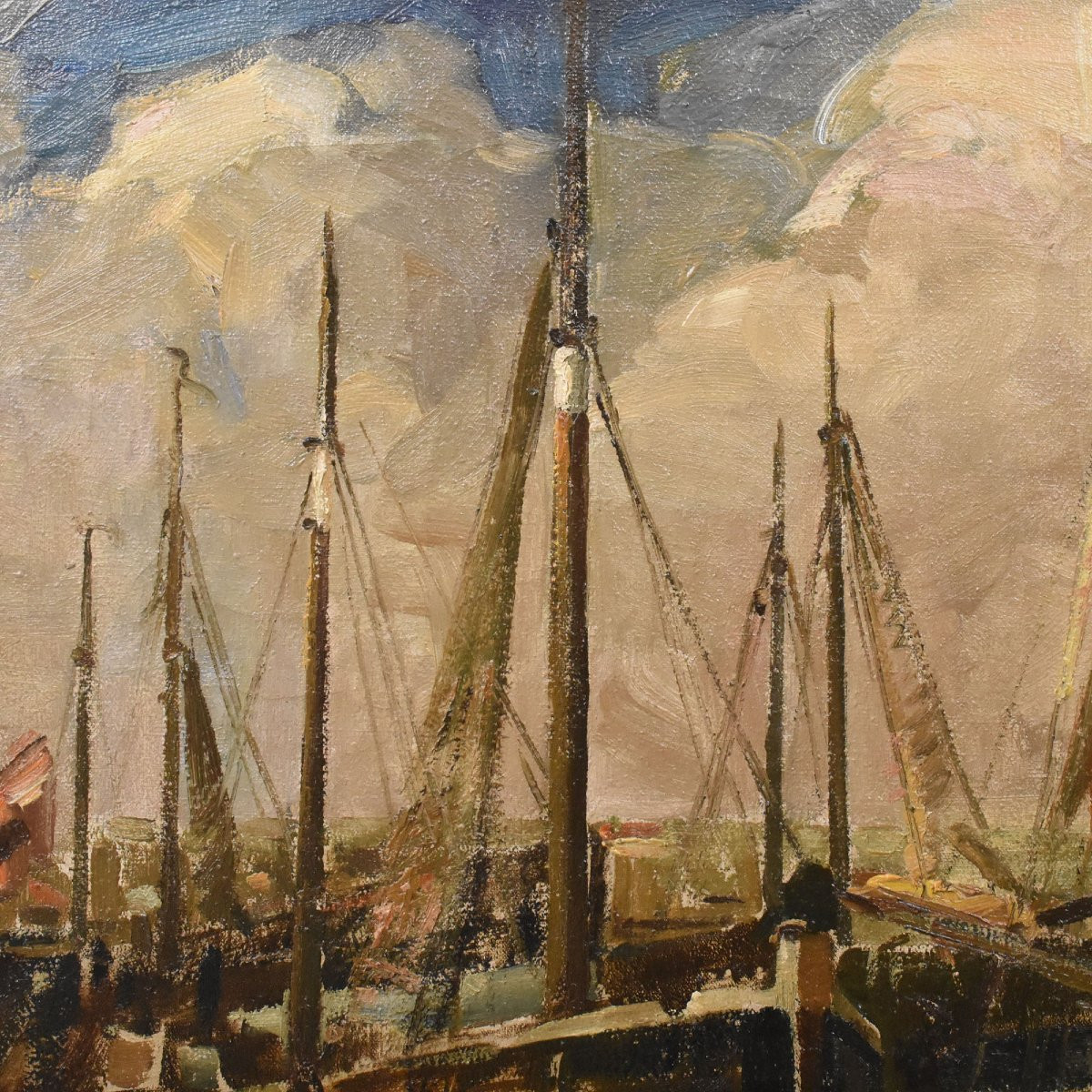 Tableau Marine Ancien, Pierre Verbeke, Marina Avec Bateaux, Art Deco, XX Siècle (QM711)-photo-1