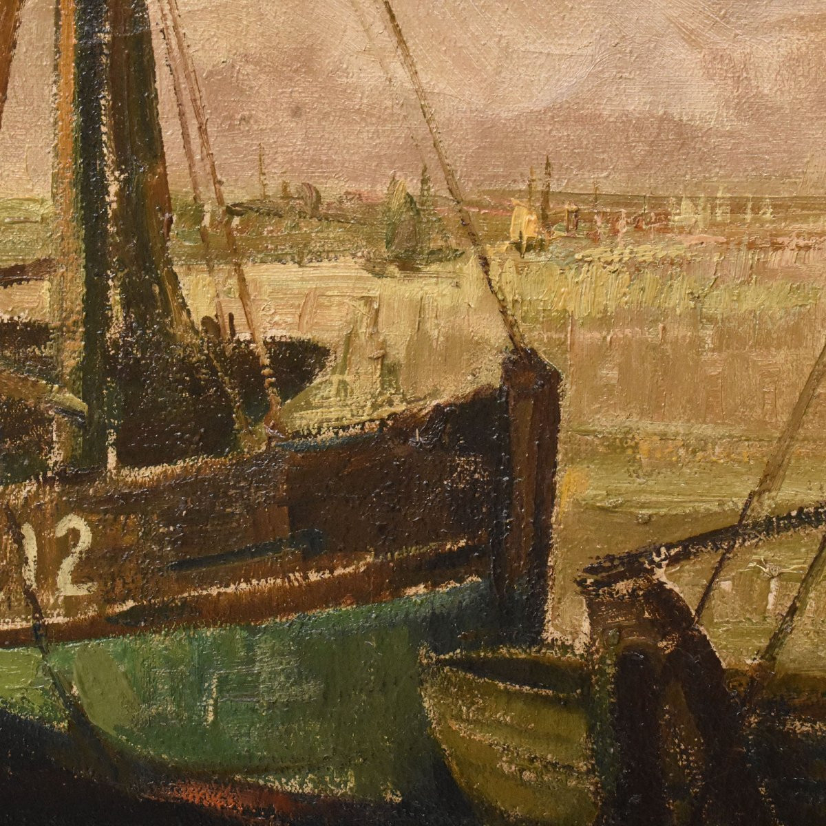 Tableau Marine Ancien, Pierre Verbeke, Marina Avec Bateaux, Art Deco, XX Siècle (QM711)-photo-2