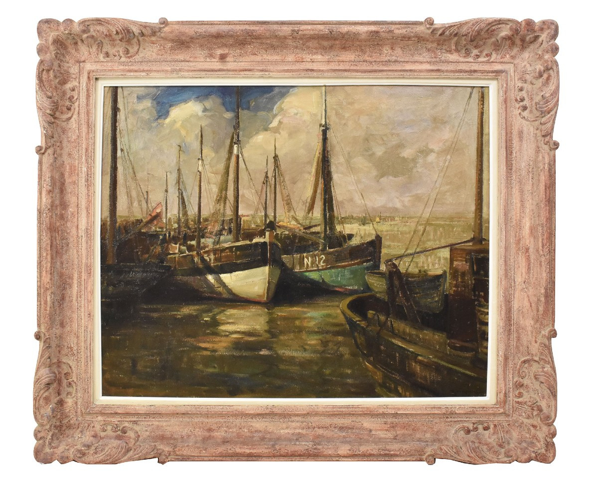 Tableau Marine Ancien, Pierre Verbeke, Marina Avec Bateaux, Art Deco, XX Siècle (QM711)