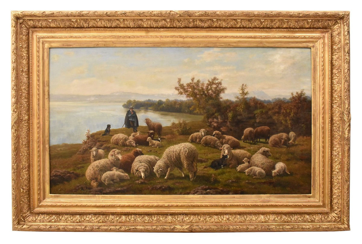 Antique Oil Painting, Landscape With Flock And Shepherd, Nature Painting, XIX Century. (qp712)