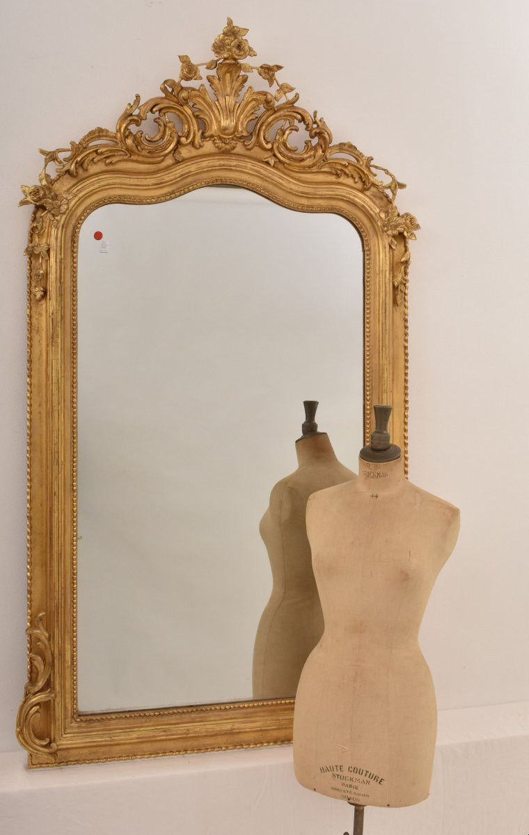 Antique Gold Leaf Mirror, Rectangular Wall Mirror, Floral Crest, Gilded Mirror, XIX(spc204/1)-photo-3