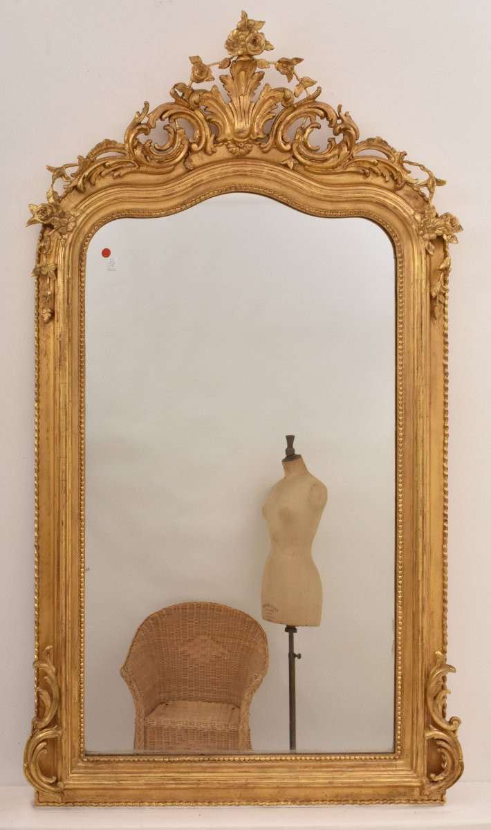 Antique Gold Leaf Mirror, Rectangular Wall Mirror, Floral Crest, Gilded Mirror, XIX(spc204/1)-photo-4