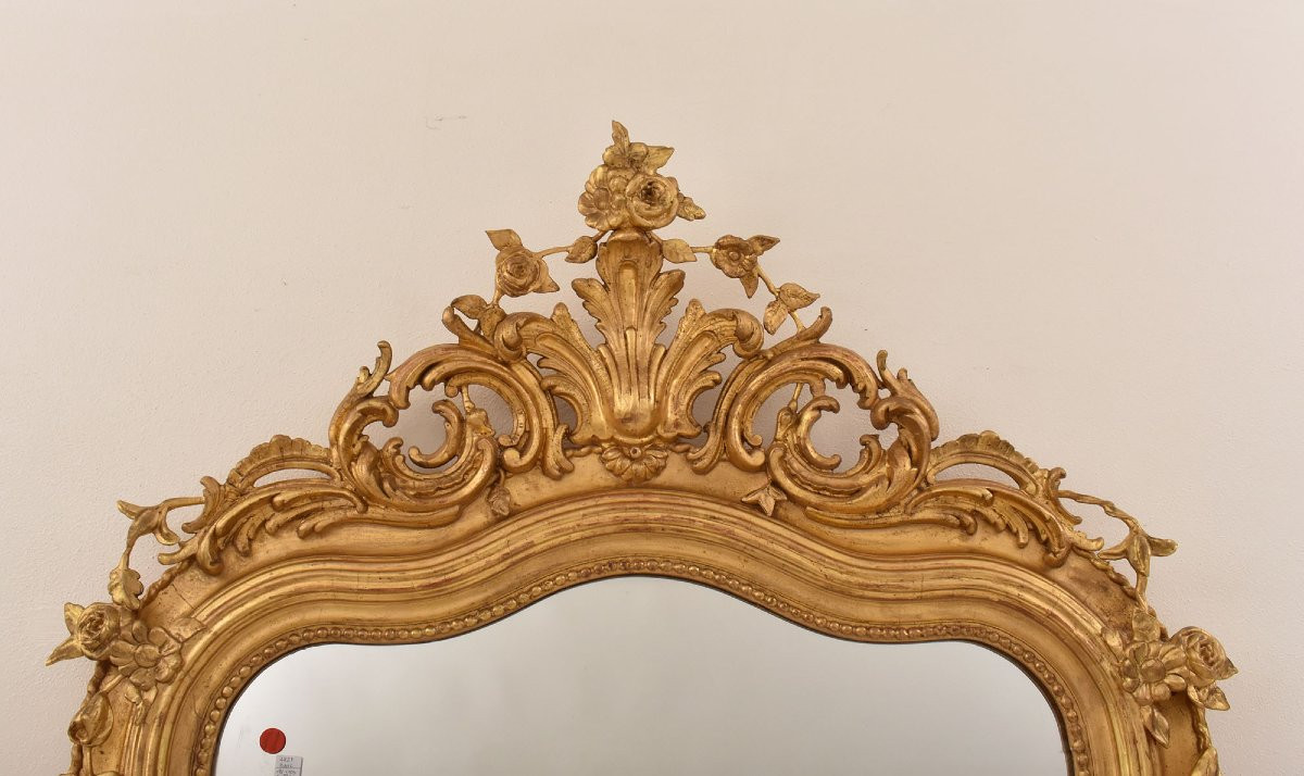 Antique Gold Leaf Mirror, Rectangular Wall Mirror, Floral Crest, Gilded Mirror, XIX(spc204/1)-photo-1