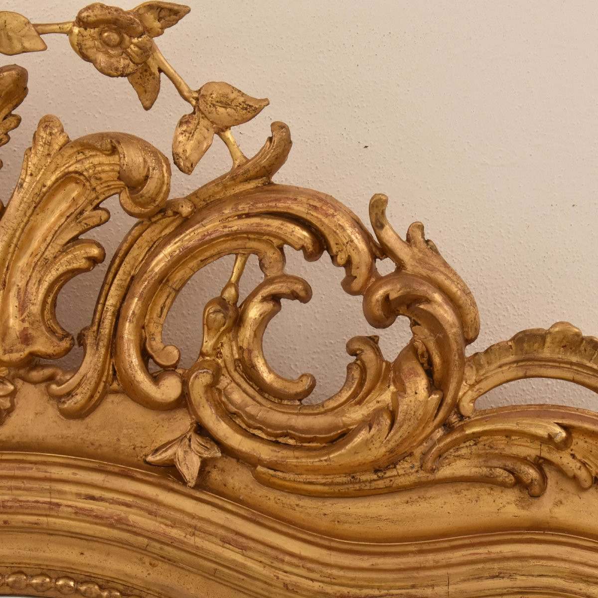 Antique Gold Leaf Mirror, Rectangular Wall Mirror, Floral Crest, Gilded Mirror, XIX(spc204/1)-photo-3