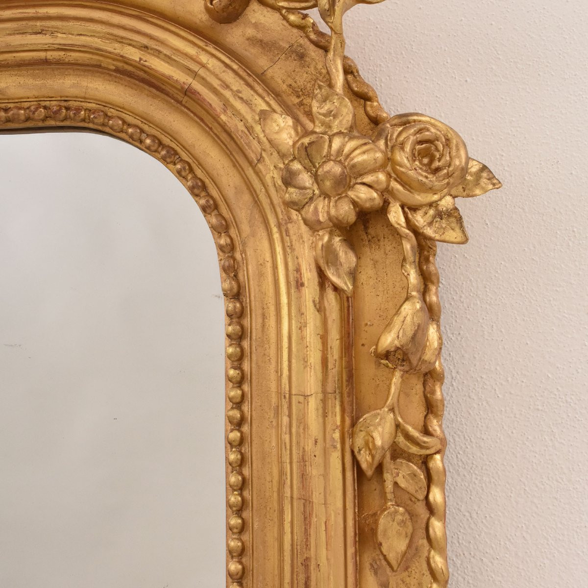 Antique Gold Leaf Mirror, Rectangular Wall Mirror, Floral Crest, Gilded Mirror, XIX(spc204/1)-photo-4