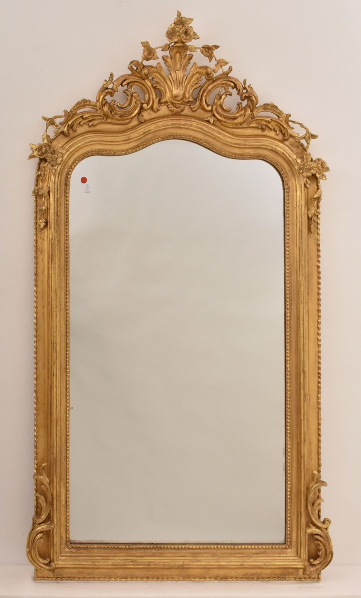 Antique Gold Leaf Mirror, Rectangular Wall Mirror, Floral Crest, Gilded Mirror, XIX(spc204/1)