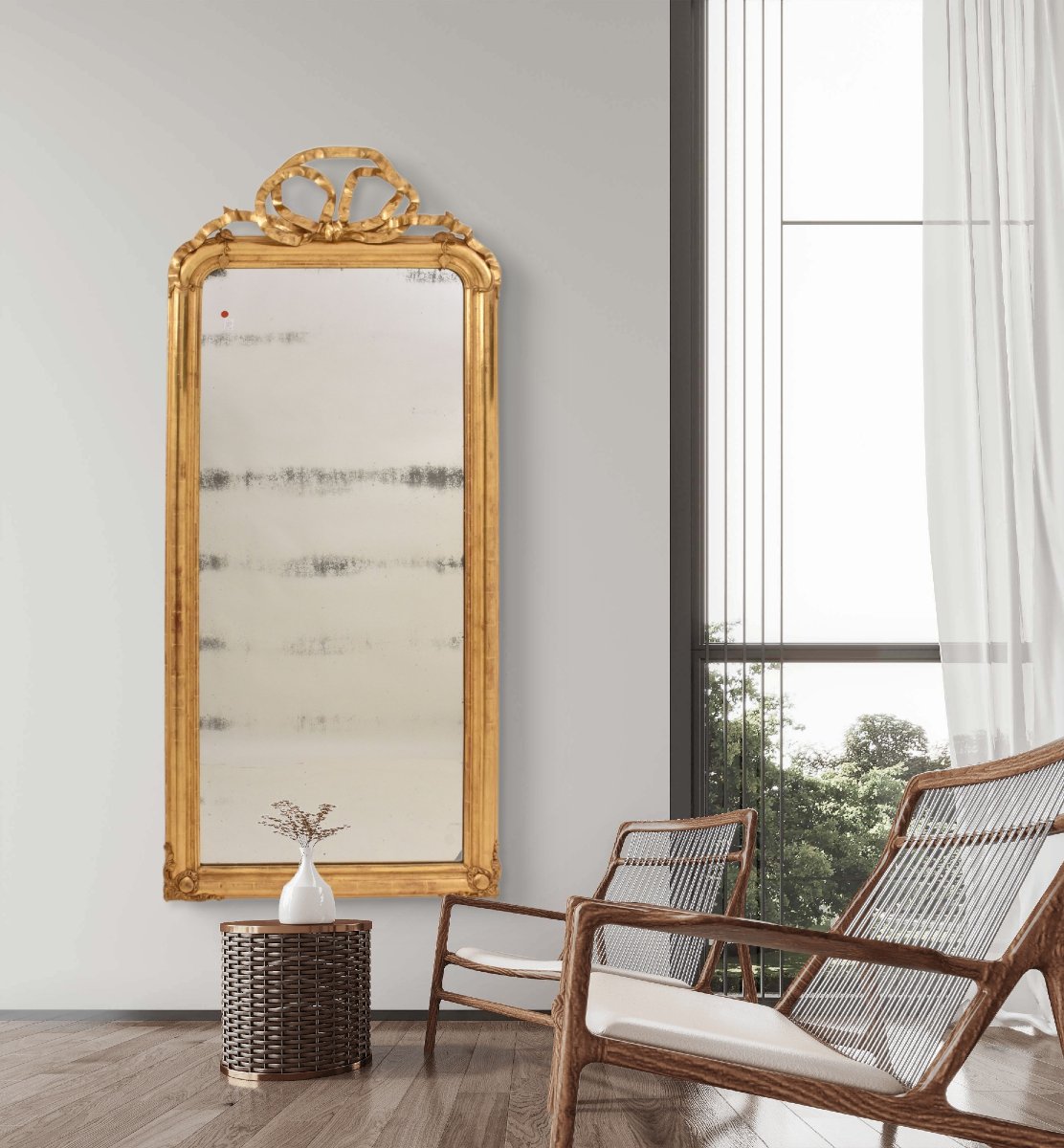 Antique Gold Leaf Mirror, Rectangular Wall Mirror With Love Knot, Louis Philippe, XIX (spc206)-photo-2