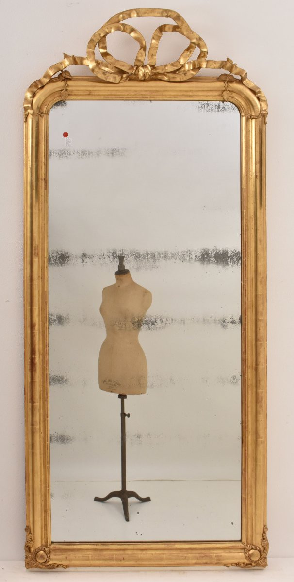 Antique Gold Leaf Mirror, Rectangular Wall Mirror With Love Knot, Louis Philippe, XIX (spc206)-photo-4