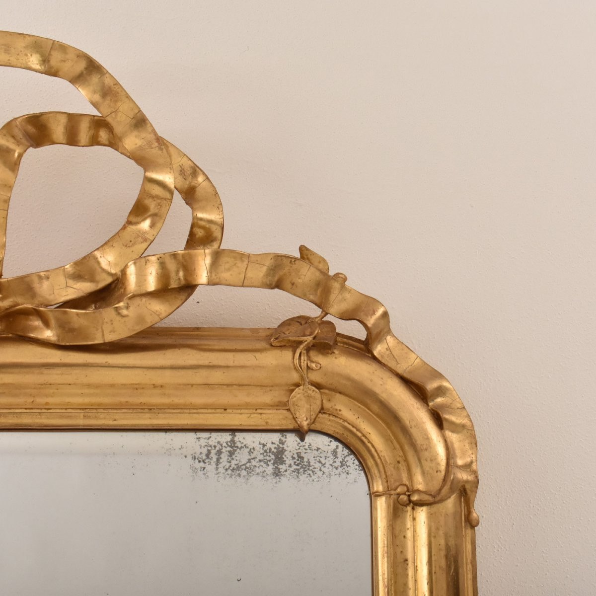 Antique Gold Leaf Mirror, Rectangular Wall Mirror With Love Knot, Louis Philippe, XIX (spc206)-photo-3