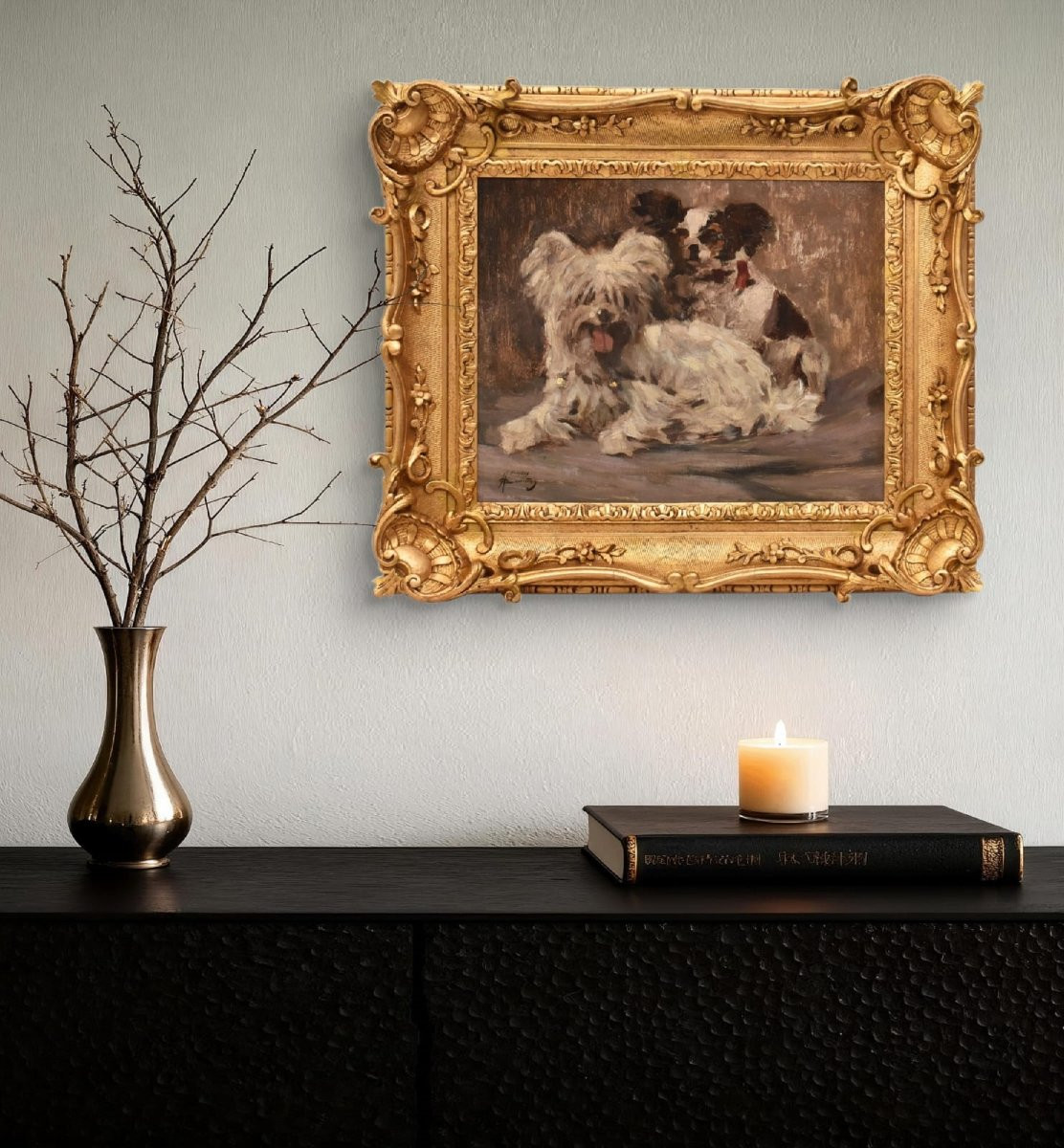 Antique Painting, Dogs Portrait Painting, Maltese And Spaniel, Oil On Canvas (qa714)-photo-2