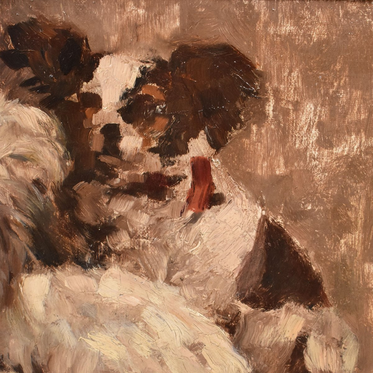 Antique Painting, Dogs Portrait Painting, Maltese And Spaniel, Oil On Canvas (qa714)-photo-2
