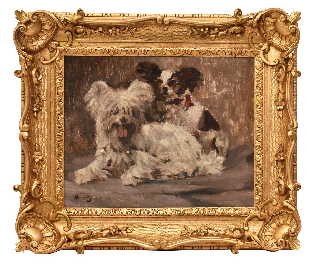 Antique Painting, Dogs Portrait Painting, Maltese And Spaniel, Oil On Canvas (qa714)