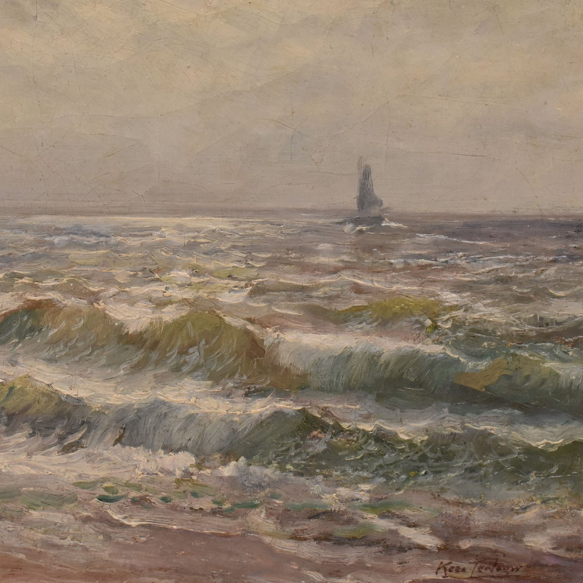 Tableau Ancien, Marine, Kees Terlouw, Vagues Et Voilier, Début XXè Siècle. (QM717) -photo-4