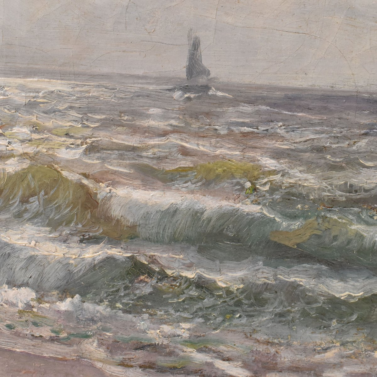 Tableau Ancien, Marine, Kees Terlouw, Vagues Et Voilier, Début XXè Siècle. (QM717) -photo-3