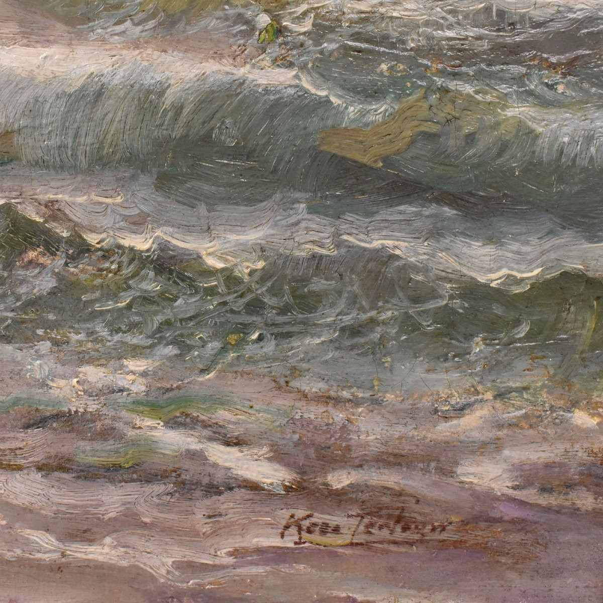 Tableau Ancien, Marine, Kees Terlouw, Vagues Et Voilier, Début XXè Siècle. (QM717) -photo-4