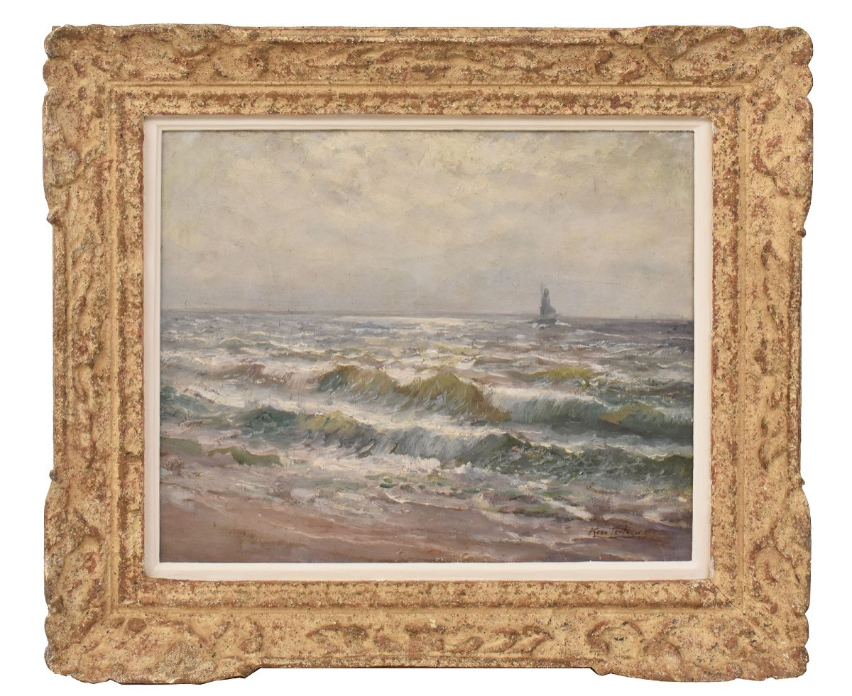 Tableau Ancien, Marine, Kees Terlouw, Vagues Et Voilier, Début XXè Siècle. (QM717) 