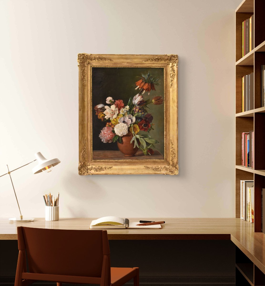 Antique Floral Painting, Peonies And Roses Flowers, Oil On Canvas, 19th Century. (qf720)-photo-2