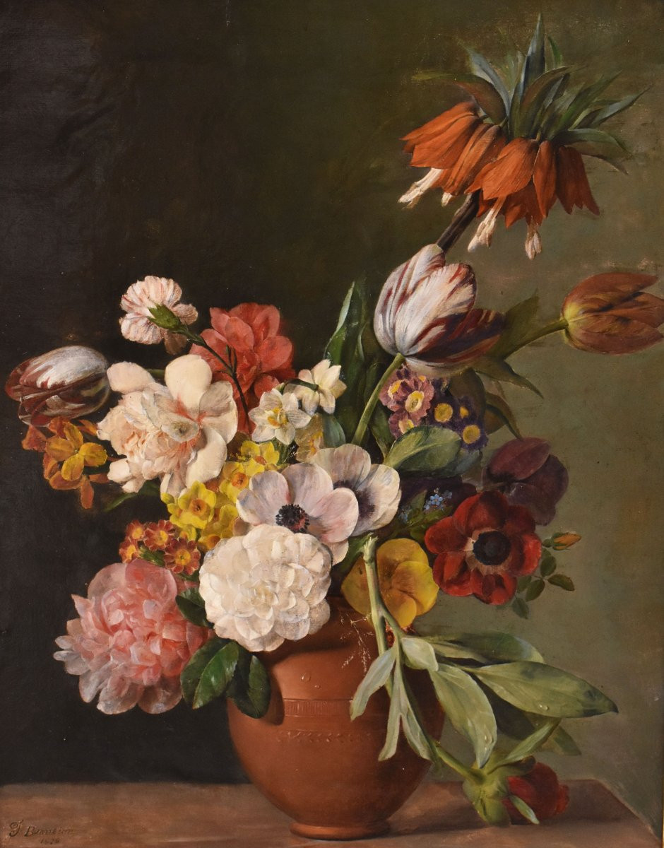 Antique Floral Painting, Peonies And Roses Flowers, Oil On Canvas, 19th Century. (qf720)-photo-3
