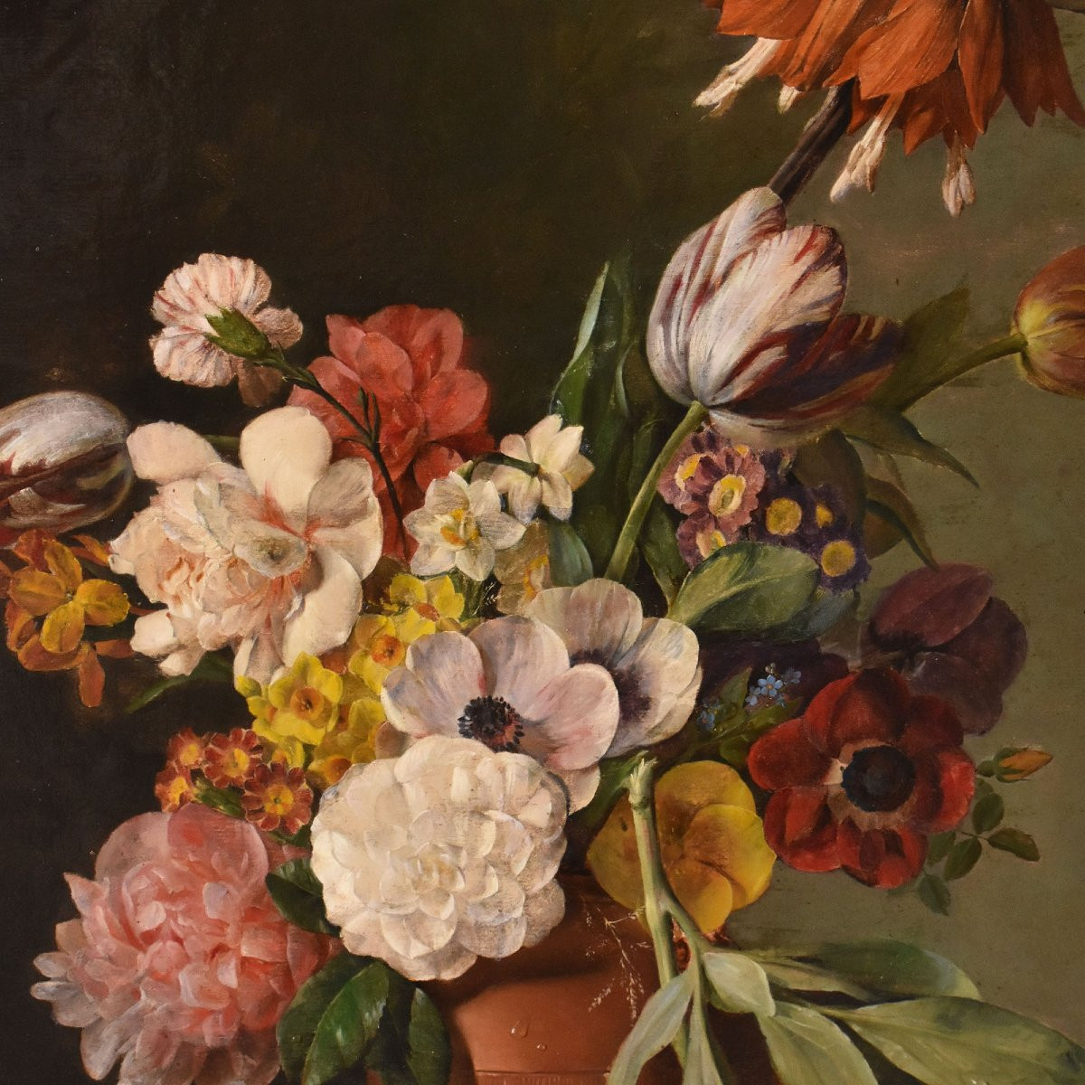 Antique Floral Painting, Peonies And Roses Flowers, Oil On Canvas, 19th Century. (qf720)-photo-4