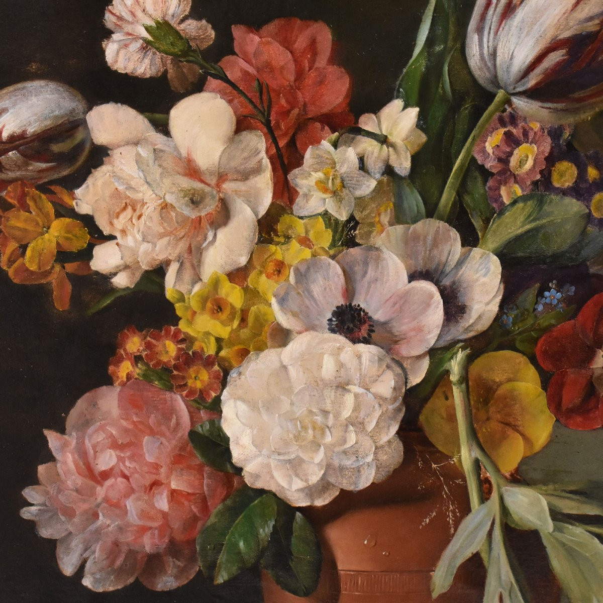 Antique Floral Painting, Peonies And Roses Flowers, Oil On Canvas, 19th Century. (qf720)-photo-1