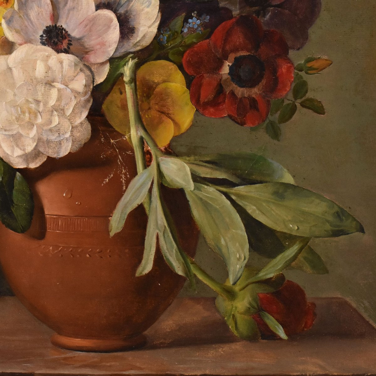 Antique Floral Painting, Peonies And Roses Flowers, Oil On Canvas, 19th Century. (qf720)-photo-2