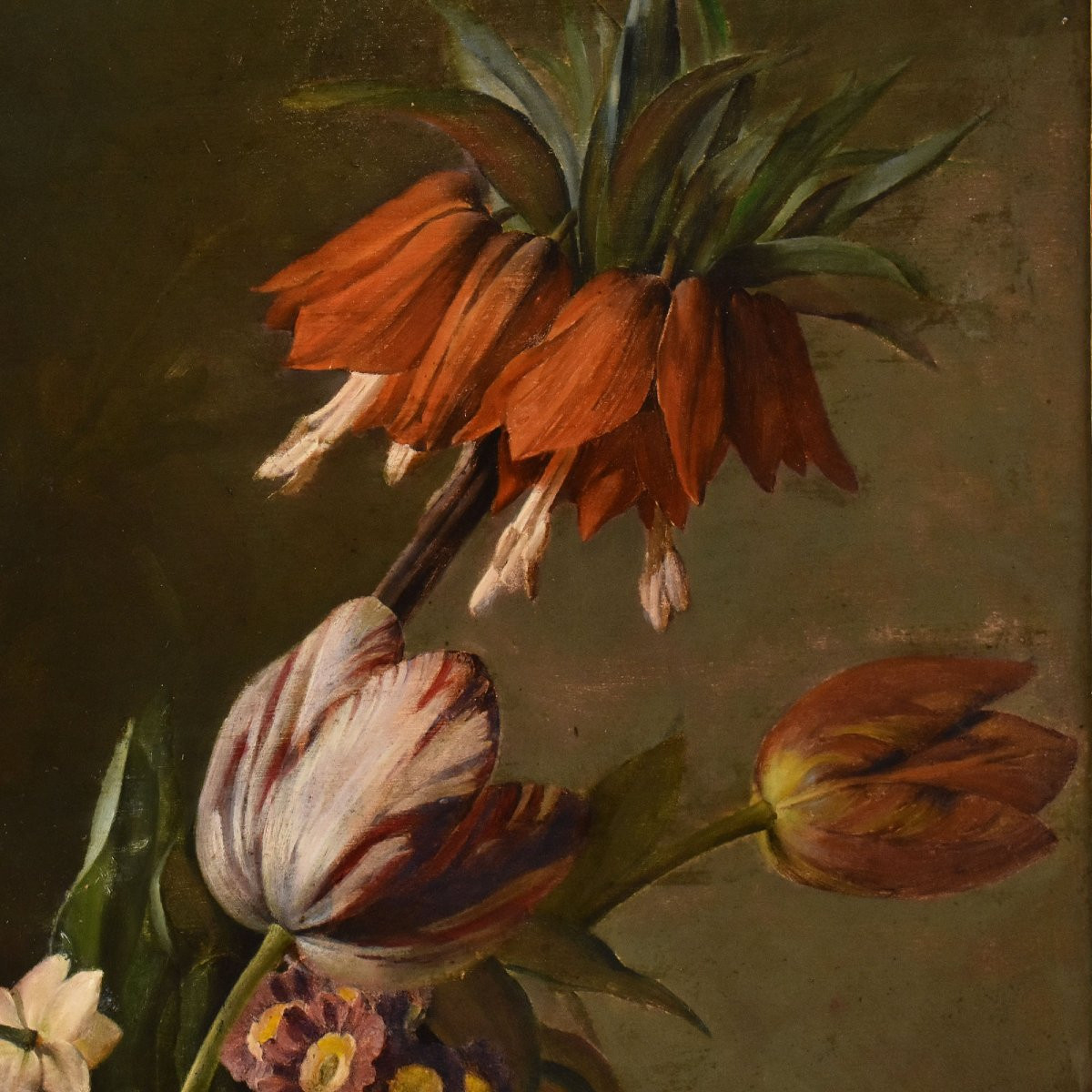 Antique Floral Painting, Peonies And Roses Flowers, Oil On Canvas, 19th Century. (qf720)-photo-3